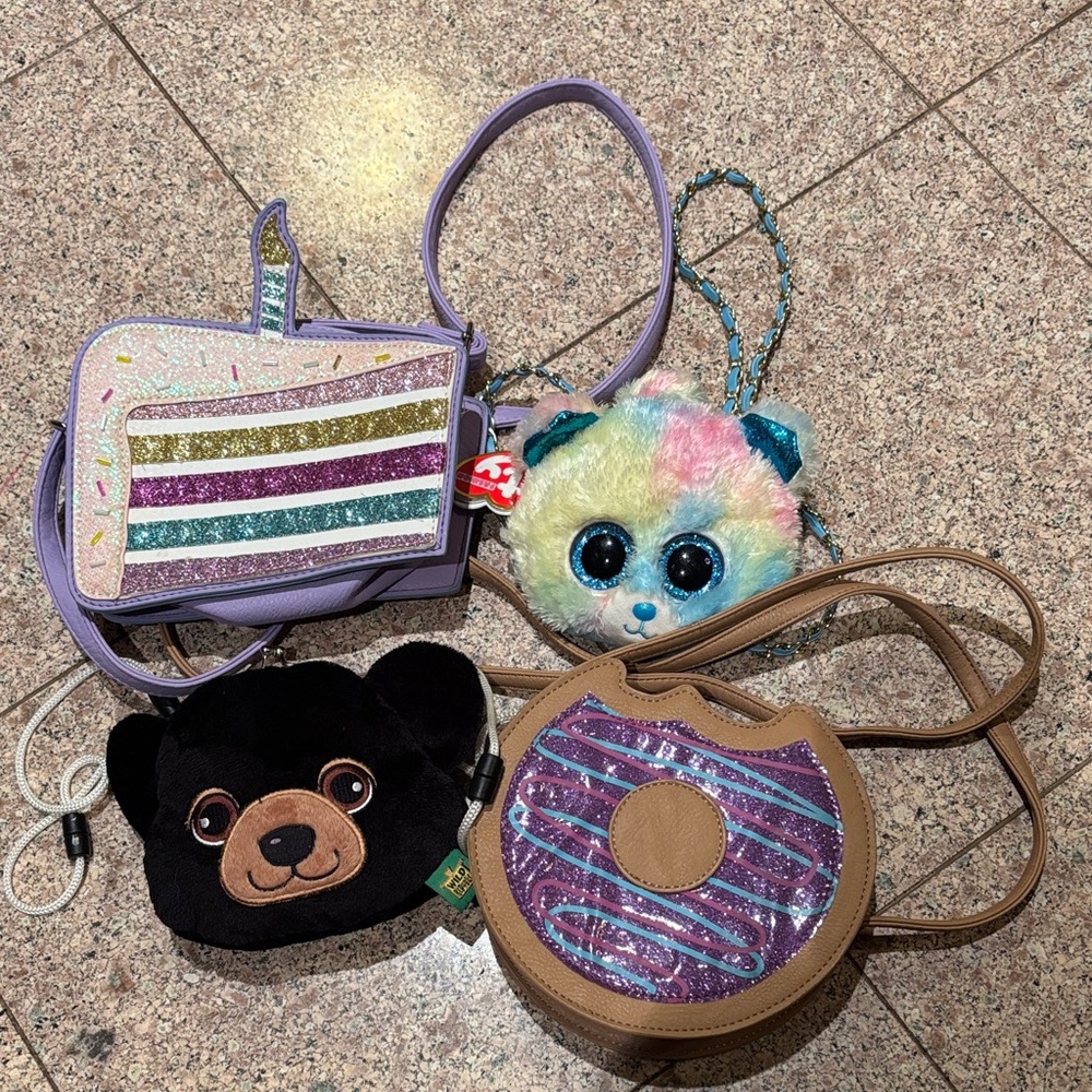 Bundle of 4 girls purses: birthday cake, Ty Multicolor bear, black bear & donut.